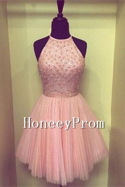 Halter Beading Tulle Short Prom Dresses, Dresses for Prom