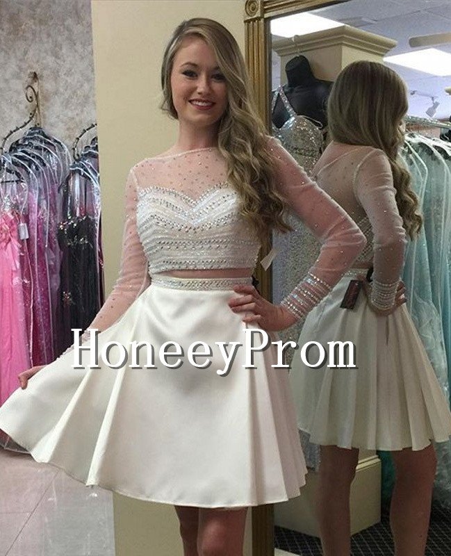 Long Sleeve White Short Prom Dresses, Dresses for Prom