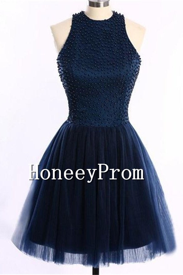 Navy Blue Beads Short Prom Dresses, Dresses for Prom