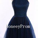 Navy Blue Beads Short Prom Dresses, Dresses for Prom