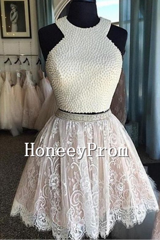 Two Piece Halter Beaded Prom Dresses, Dresses for Prom