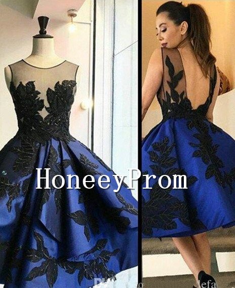 Black Applique Knee Length Prom Dresses, Dresses for Prom