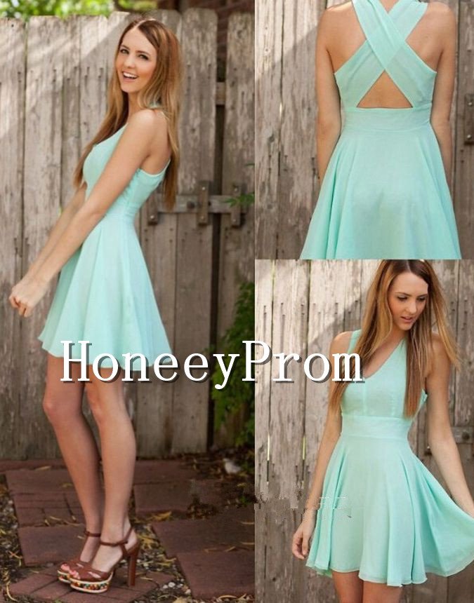 Cross Back Chiffon Short Prom Dresses, Dresses for Prom