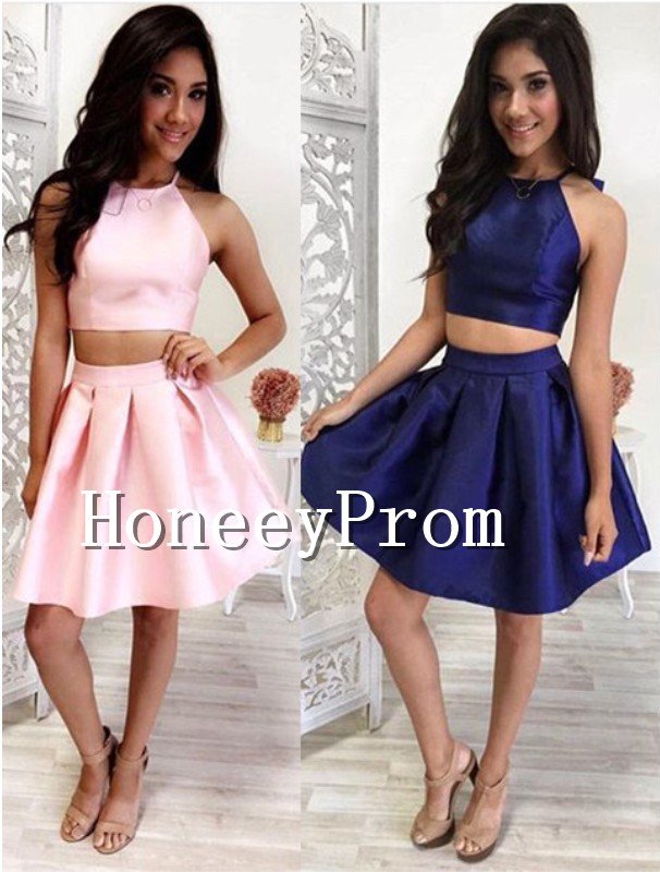 Two Piece Satin Short Prom Dresses, Dresses for Prom
