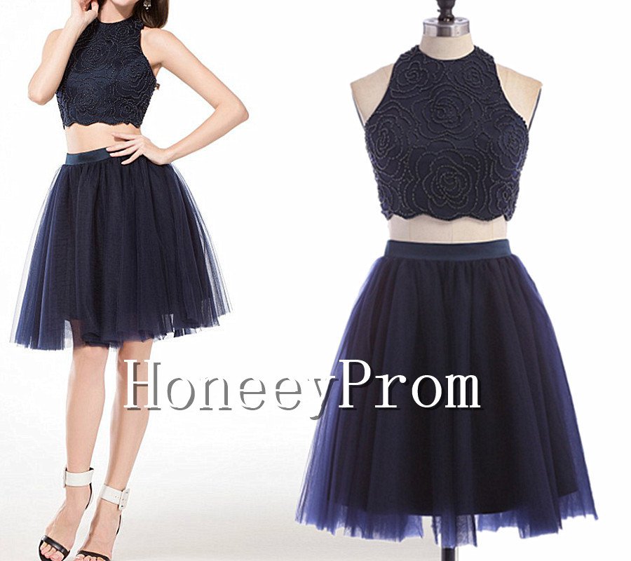 Two Piece Dark Navy Prom Dresses, Dresses for Prom
