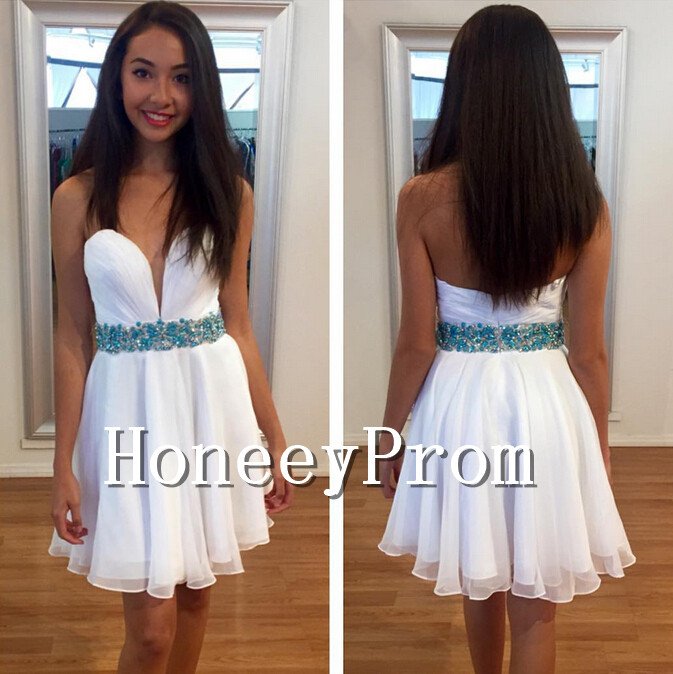 A-Line White Chiffon Short Prom Dresses, Dresses for Prom