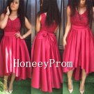 Hi-Lo Lace Satin Red Prom Dresses, Dresses for Prom
