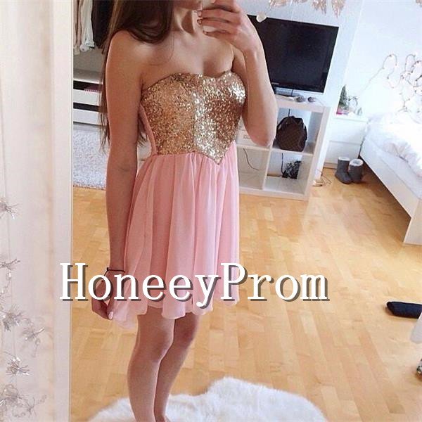Gold Sequin Pink Short Prom Dresses, Dresses for Prom