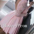 Pink Lace Backless Short Prom Dresses, Dresses for Prom