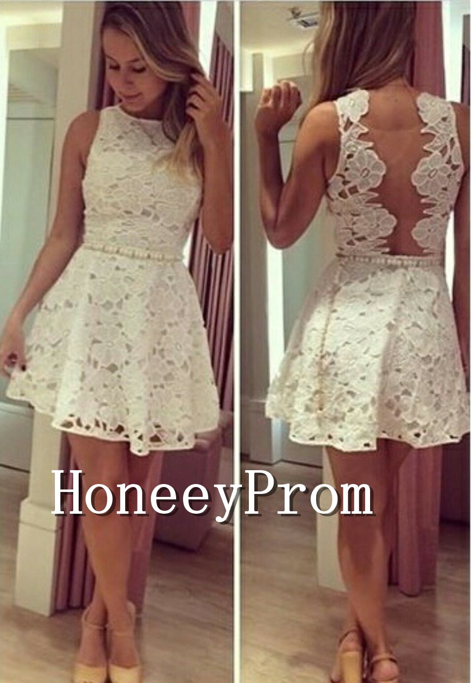 Short Mini White Lace Prom Dresses, Dresses for Prom