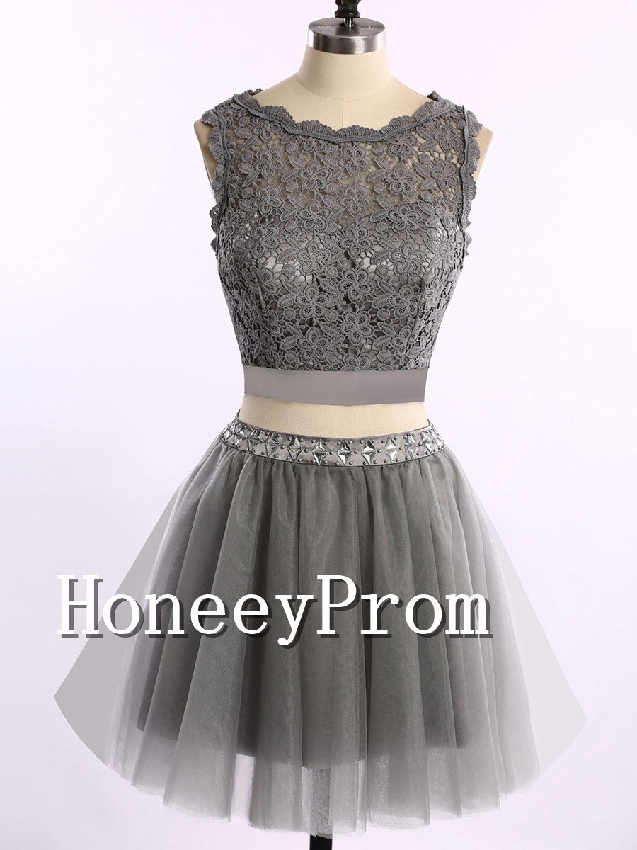Two Piece Grey Short Prom Dresses, Dresses for Prom