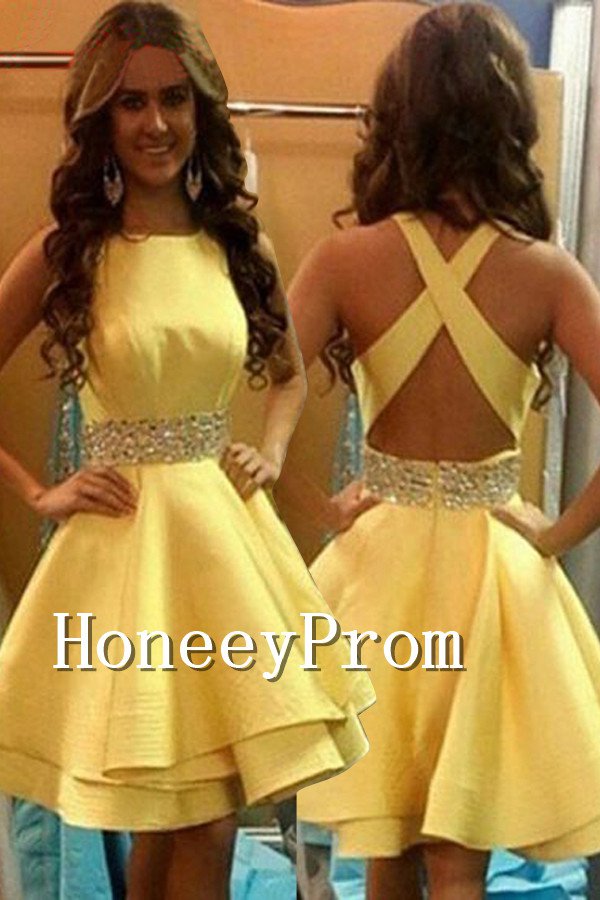 Cross Back Yellow Satin Prom Dresses, Dresses for Prom