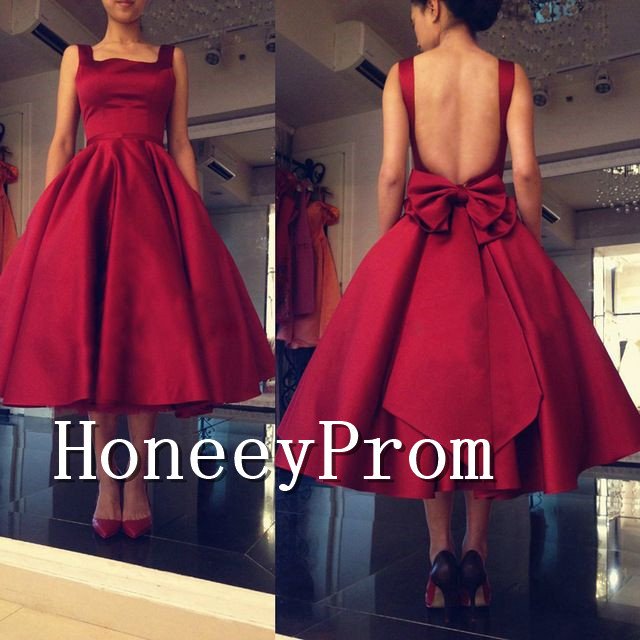 Open Back Red Bowknot Prom Dresses, Dresses for Prom