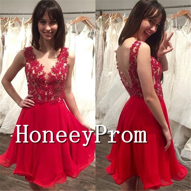 Sleeveless Applique Red Short Prom Dresses, Dresses for Prom