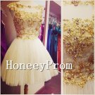 Gold Sequins Short Tulle Prom Dresses, Dresses for Prom
