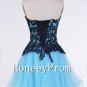 Black Applique Short Blue Prom Dresses, Dresses for Prom