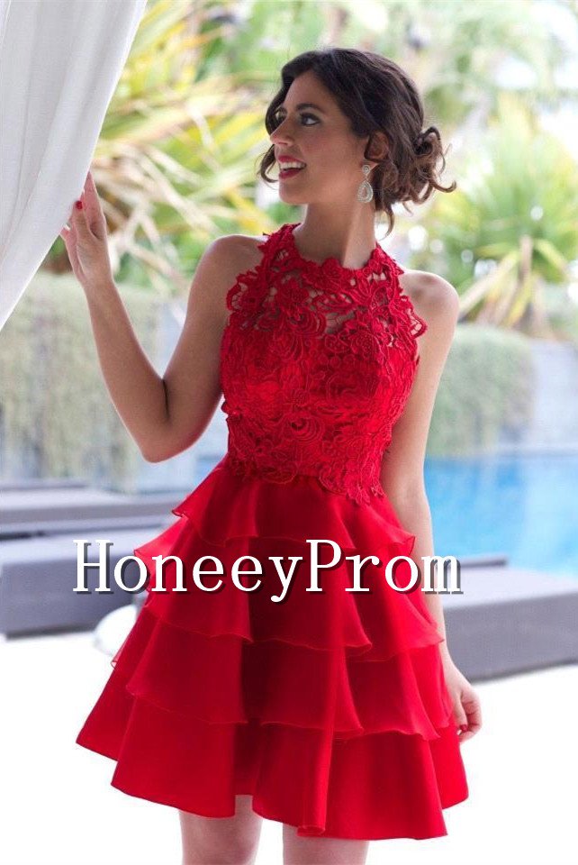 Red Lace Short Mini Prom Dresses, Dresses for Prom