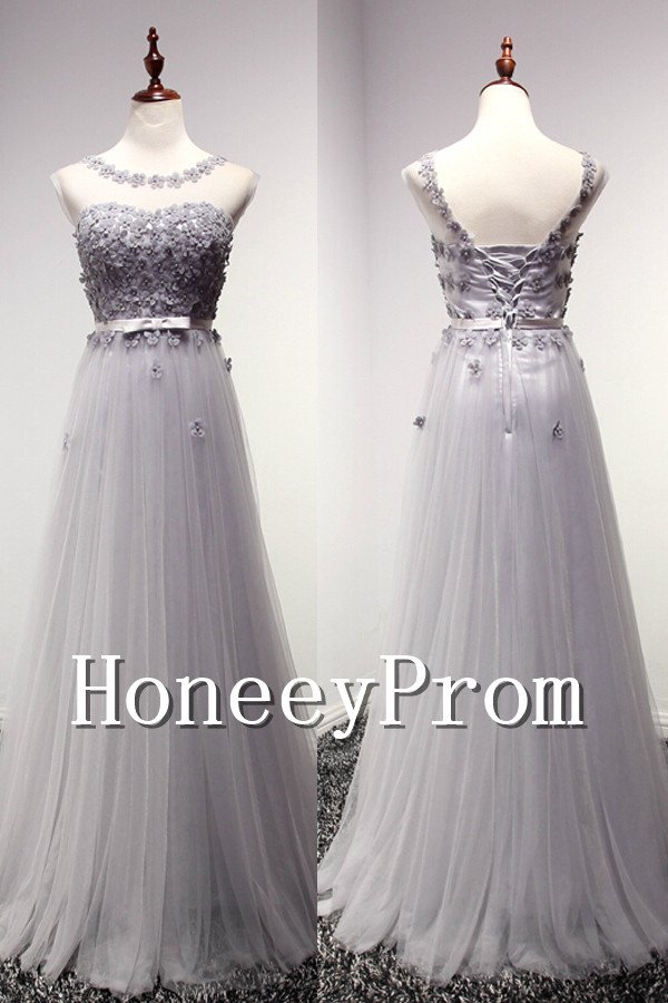 Light Grey Bandage Long Tulle Prom Dresses, Dresses for Prom