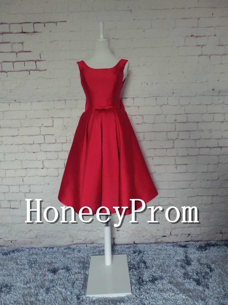 Knee Length Red Satin Prom Dresses, Dresses for Prom