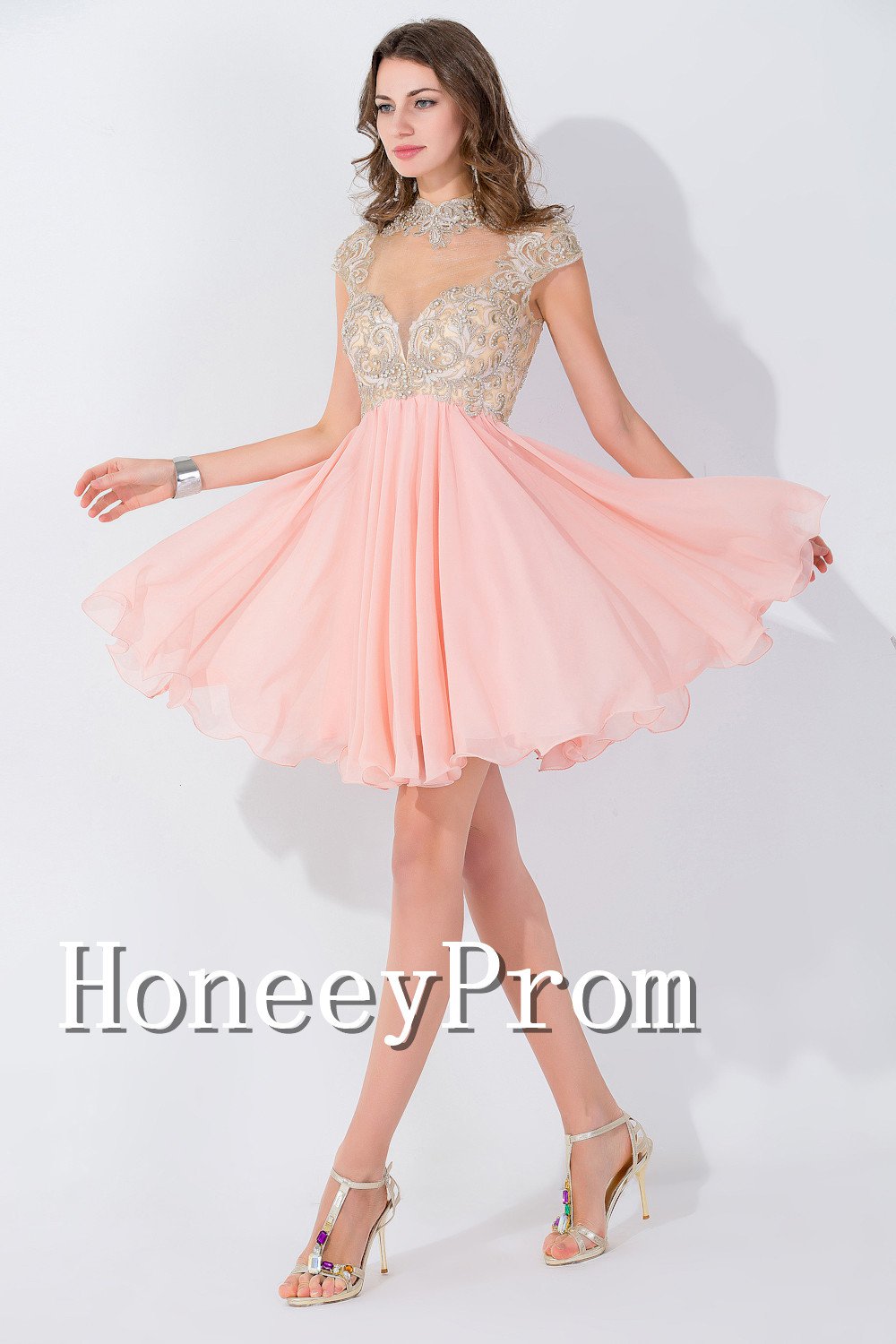 High Neck Cap Sleeve Chiffon Prom Dresses, Dresses for Prom