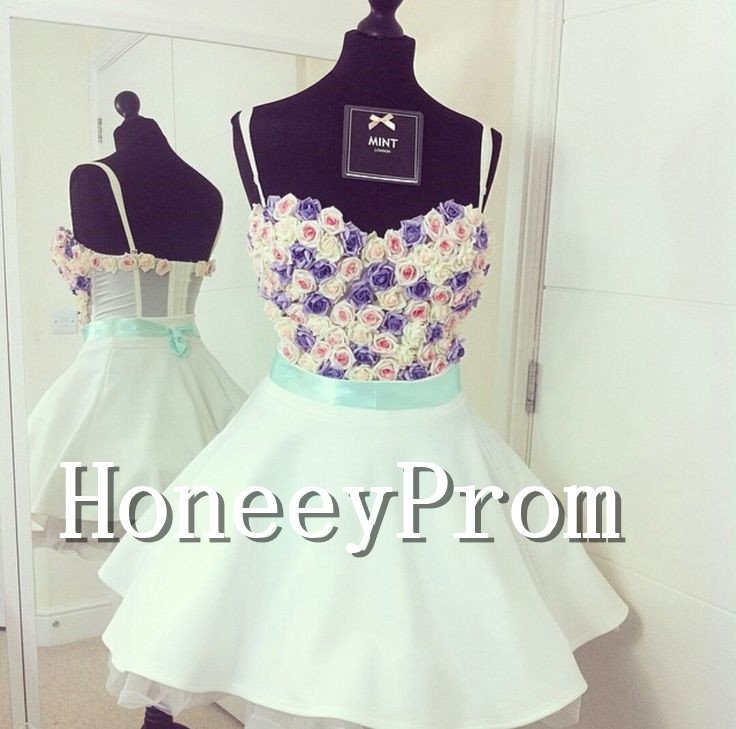 Flowers Spaghettis Sheer Back Prom Dresses, Dresses for Prom