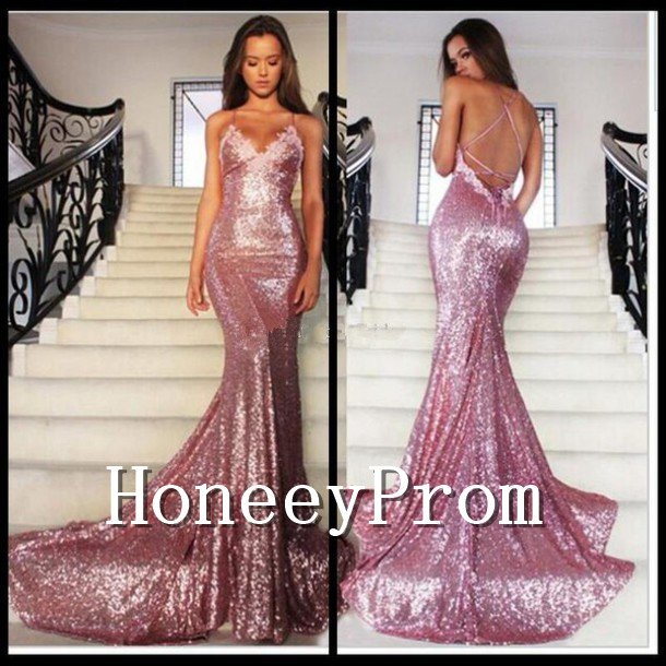 Spaghetti Straps Backless Sequined Prom Dresses, Dresses for Prom