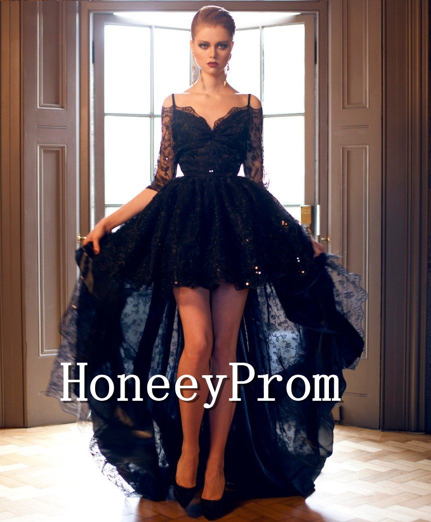 High Low Beaded Long Sleeve Prom Dresses, Dresses for Prom