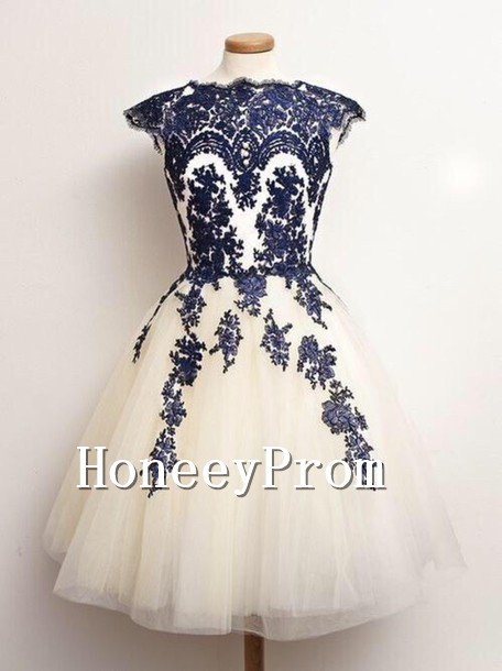 Cap Sleeve Applique Knee Length Prom Dresses, Dresses for Prom