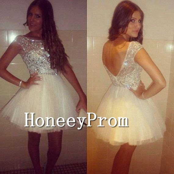 Cap Sleeve Sequins Short Prom Dresses, Dresses for Prom