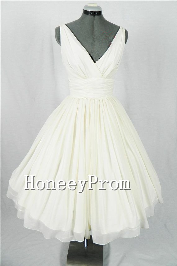 V-Neck Knee Length White Prom Dresses, Dresses for Prom