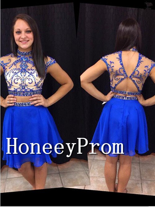 Two Piece Short Sleeve Blue Prom Dresses, Dresses for Prom