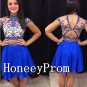 Two Piece Short Sleeve Blue Prom Dresses, Dresses for Prom