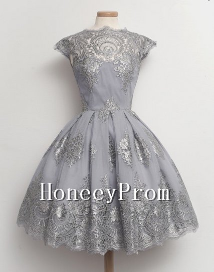 A-line Lace Short Grey Prom Dresses, Dresses for Prom