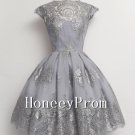 A-line Lace Short Grey Prom Dresses, Dresses for Prom
