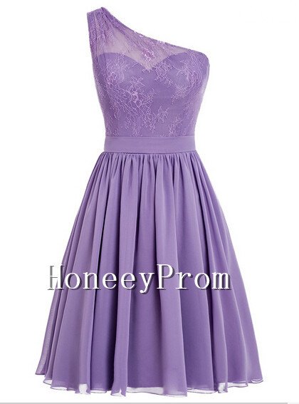 One-shoulder Chiffon Short Purple Prom Dresses, Dresses for Prom