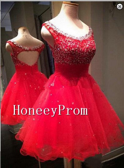 Sleeveless Mini Tulle Beading Red Prom Dresses, Dresses for Prom