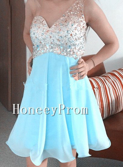 One-shoulder Blue Short Prom Dresses, Dresses for Prom