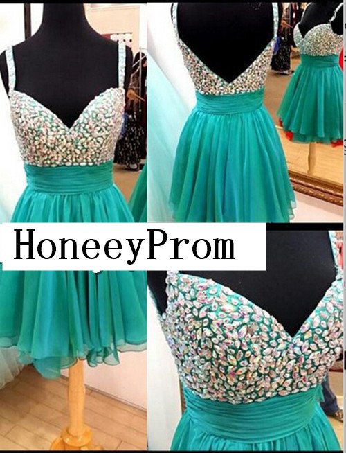 Spaghetti Knee-length Chiffon Beading Homecoming Dresses, Dresses for Prom