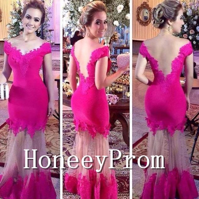 Cap Sleeve Lace Hot Pink Prom Dresses, Dresses for Prom