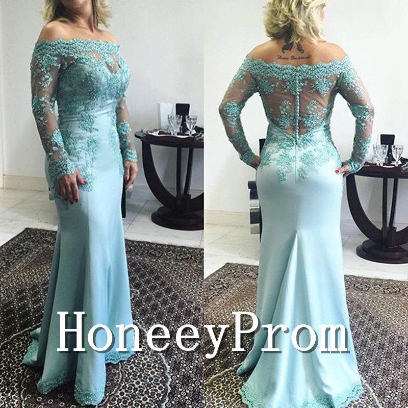Long Sleeve Off Shoulder Lace Satin Prom Dresses, Dresses for Prom