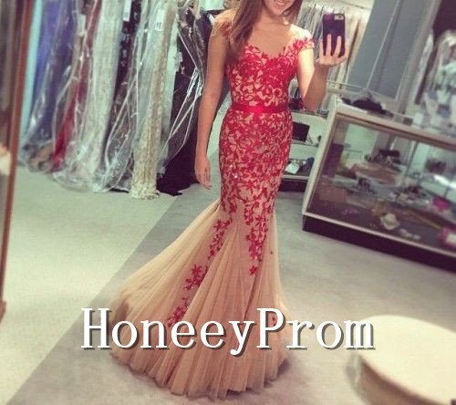 Off Shoulder Red Applique Mermaid Prom Dresses, Dresses for Prom