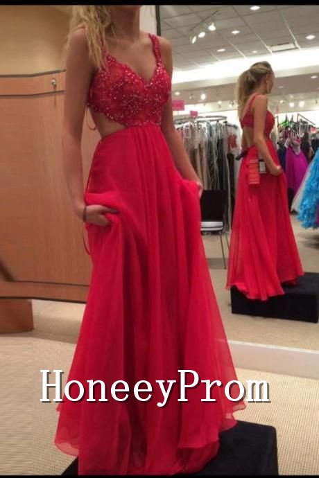 Red A-Line Straps Chiffon Prom Dresses, Dresses for Prom