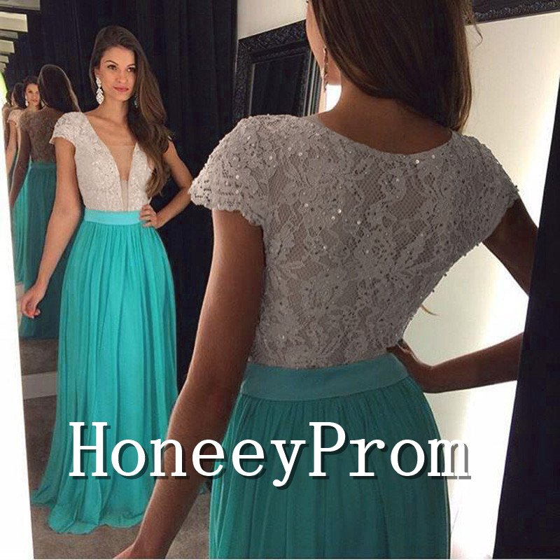 Deep V-Neck Cap Sleeve Prom Dresses, Dresses for Prom