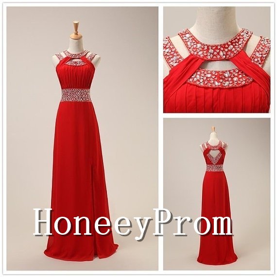 A-Line Halter Red Chiffon Prom Dresses, Dresses for Prom