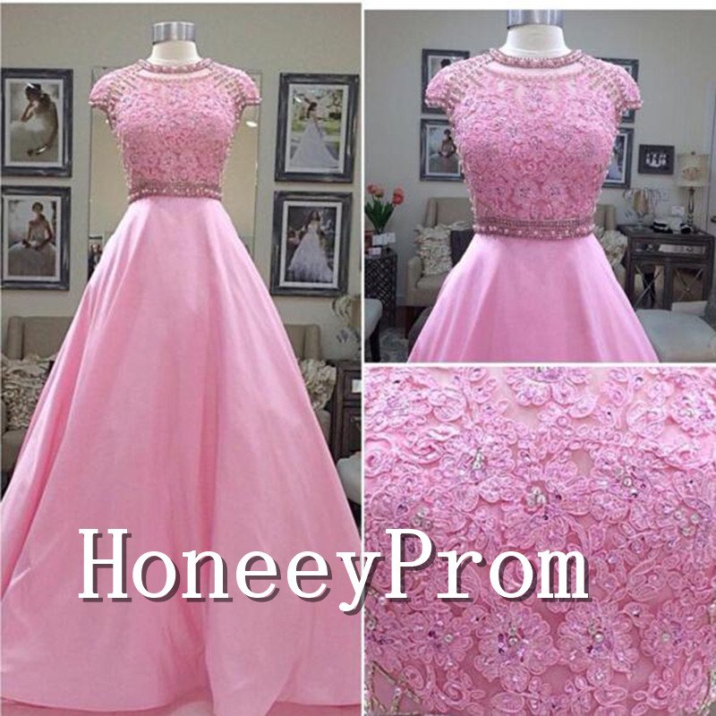 Cap Sleeve High Neck Pink Prom Dresses, Dresses for Prom