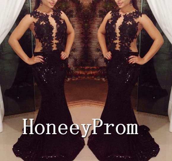 Black Long Sequins Mermaid Prom Dresses, Dresses for Prom