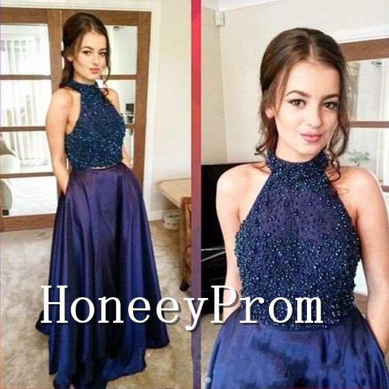 A-Line High Neck Beaded Prom Dresses, Dresses for Prom