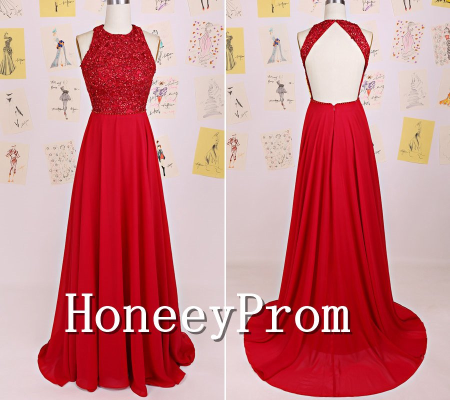 A-Line Red Backless Chiffon Prom Dresses, Dresses for Prom