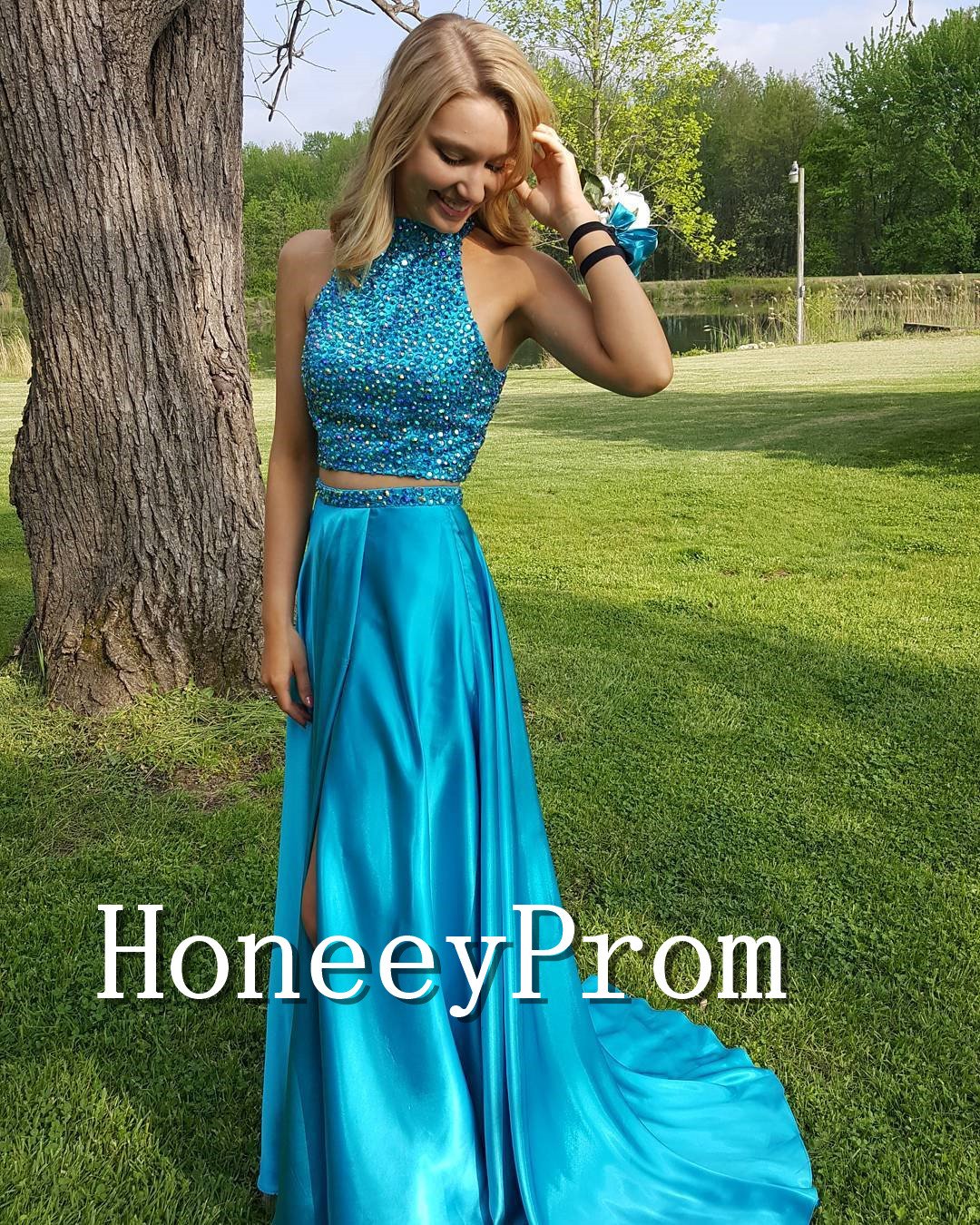 High Neck Beaded Satin Long Prom Dresses, Dresses for Prom