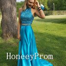 High Neck Beaded Satin Long Prom Dresses, Dresses for Prom